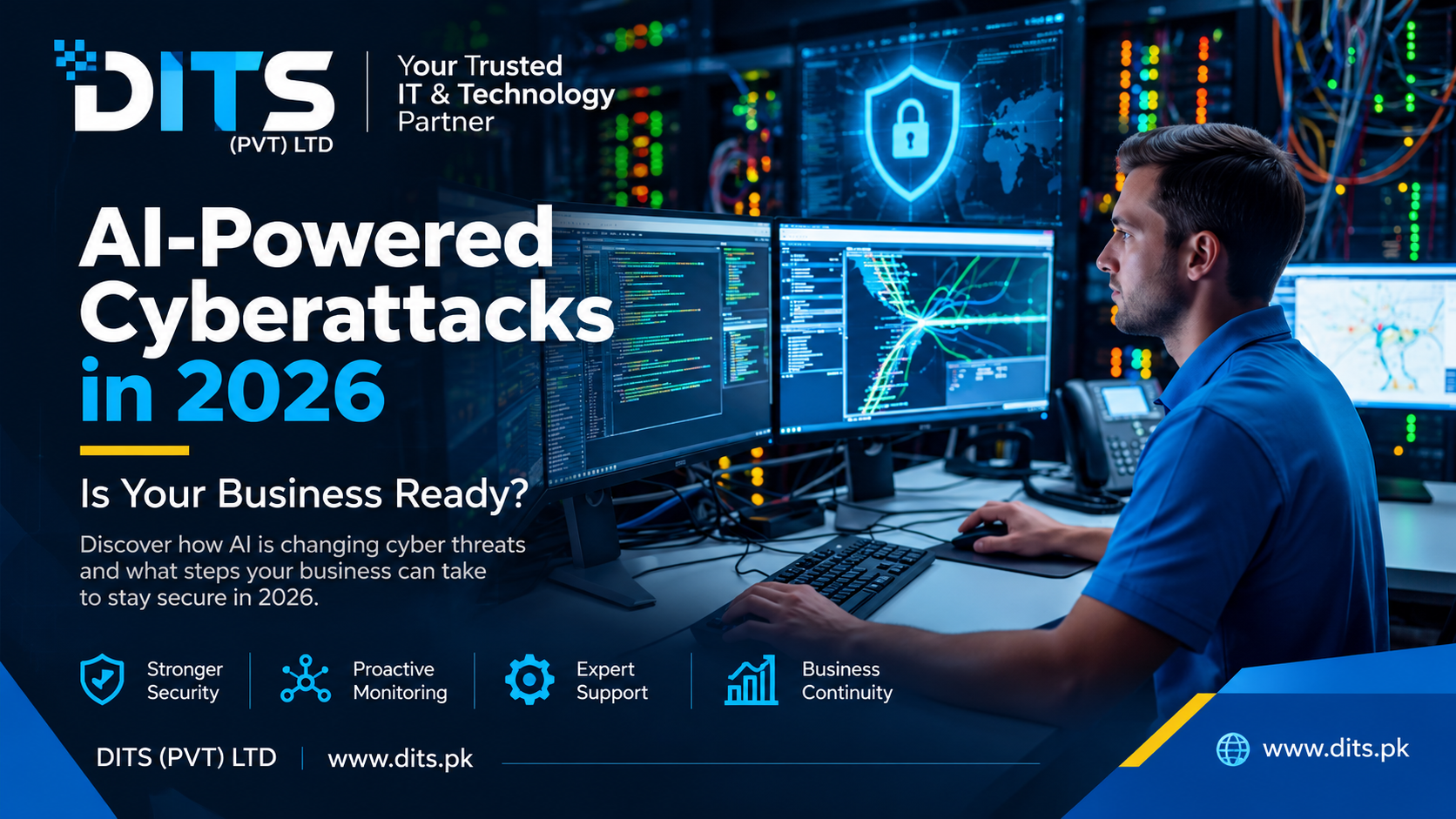 DITS cybersecurity banner showing an IT security professional monitoring AI-powered cyber threats and network security in 2026